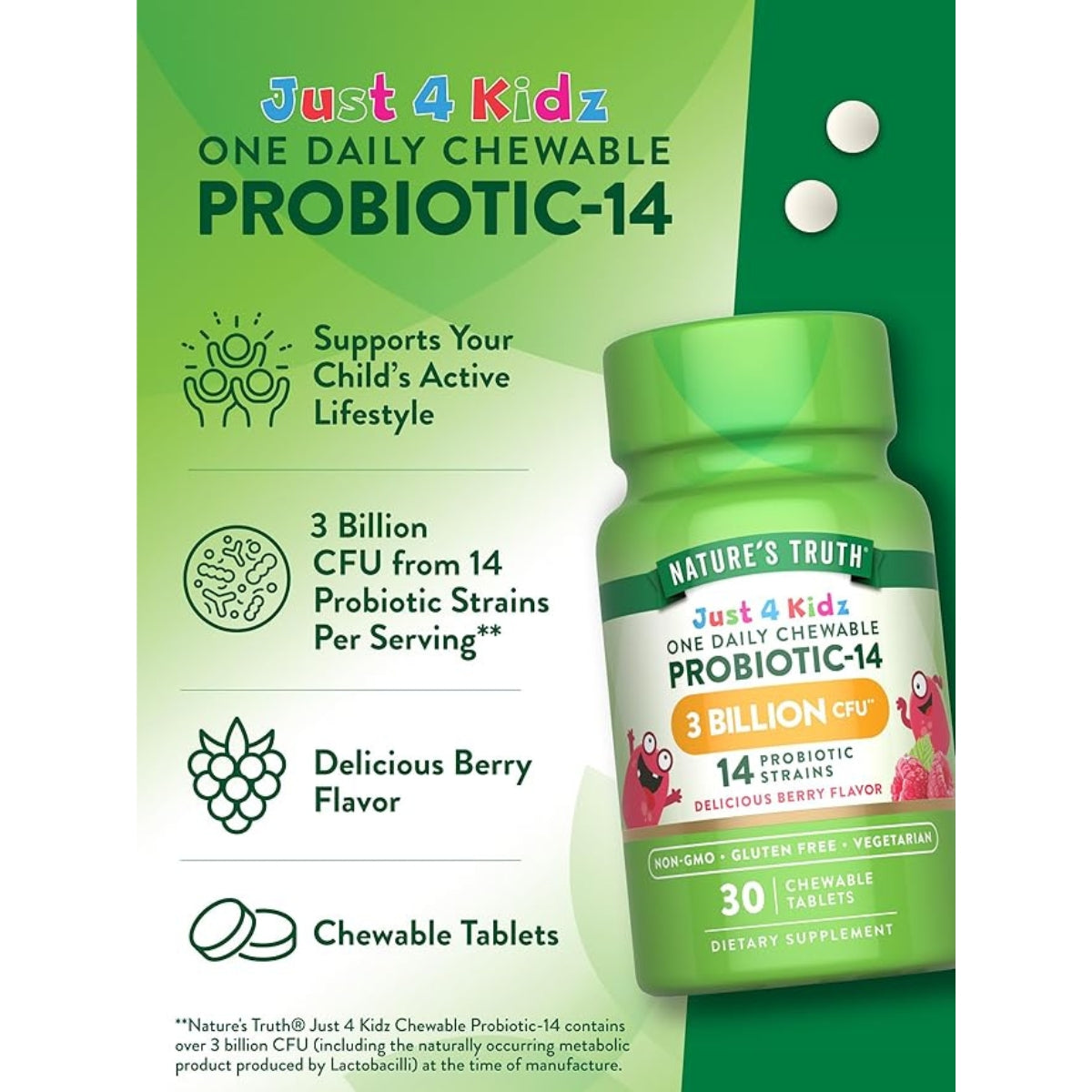 Probioticos Kids 3 Billones CFU 14 Cepas 30 Capsulas Natures Truth