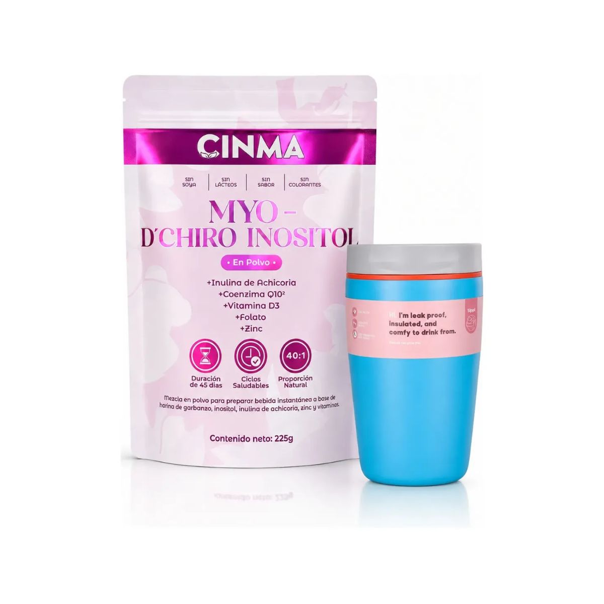 Pack Inositol Myochiro Plus + Taza aislada de acero inoxidable, 1 pieza de 12 oz