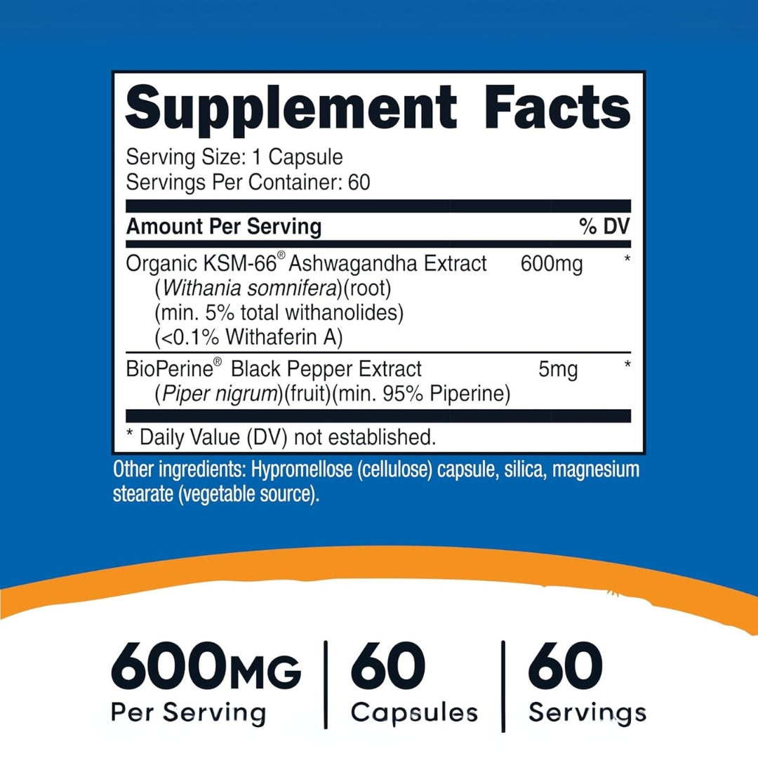Extracto Raíz Ashwagandha 600 Mg 60 Capsulas Nutricost
