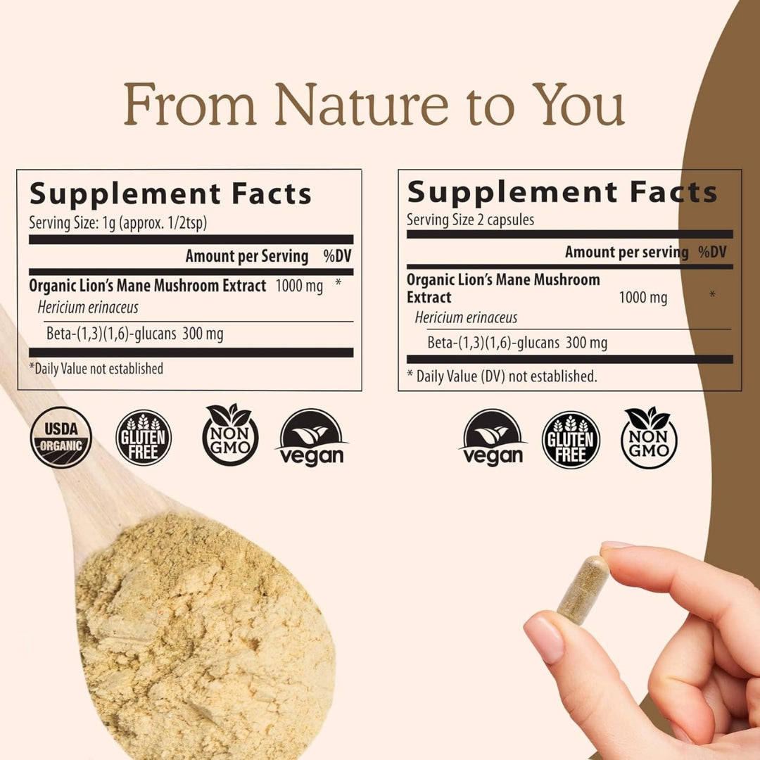 Melena de león 120 Capsulas Suplemento cerebral Real Mushrooms