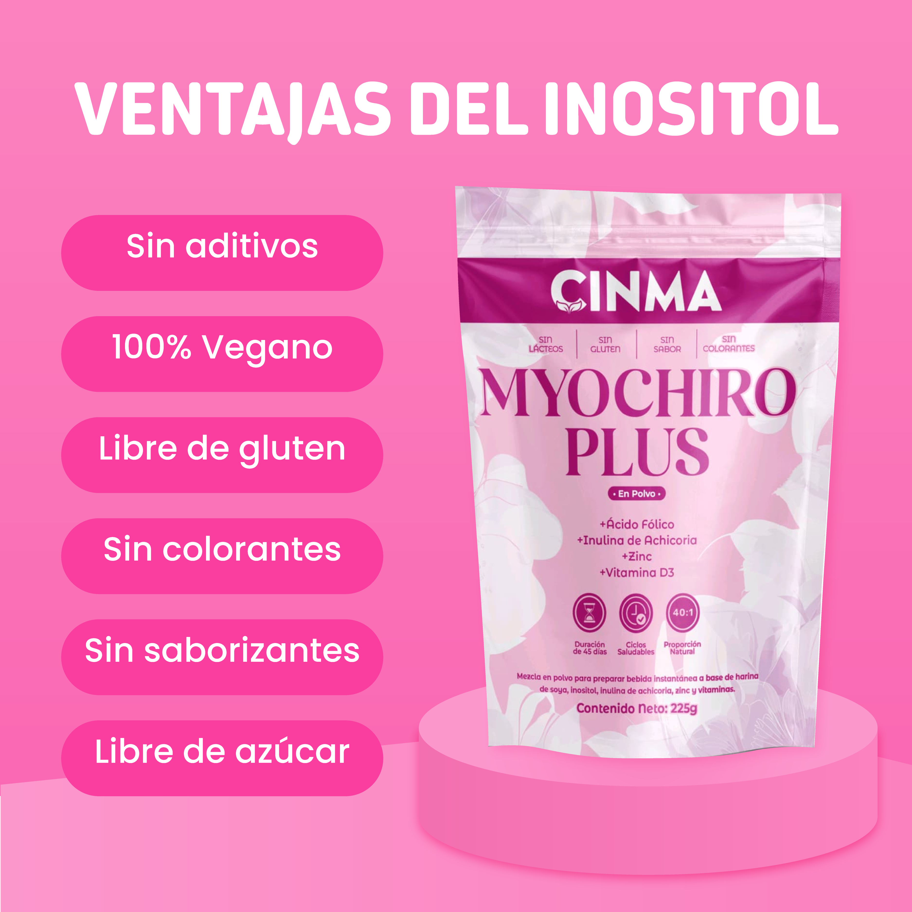 Inositol Myochiro Plus Con Acido Folico + Vitamina D3 + Zinc (225 g c/u)