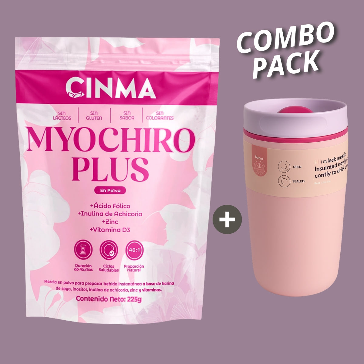 Pack Inositol Myochiro Plus + Taza aislada de acero inoxidable, 1 pieza de 12 oz
