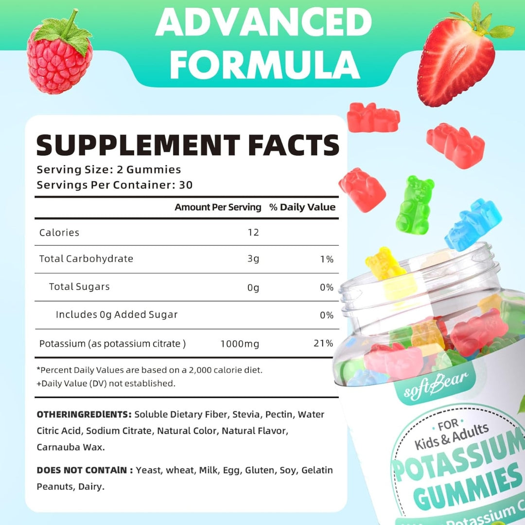 Potasio Gummies 1000 Mg Sin Azucar 60 Gomitas Softbear