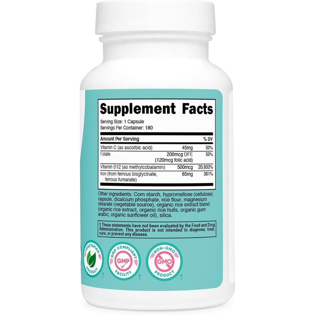 Hierro Con Vitamina C Folate Y Vitamina B12 65 Mg 180 Capsulas Nutricost Women
