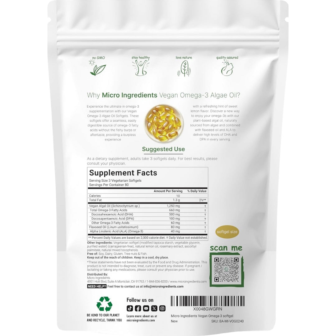 Vegan Omega 3 1250 Mg 240 Softgels Microingredients