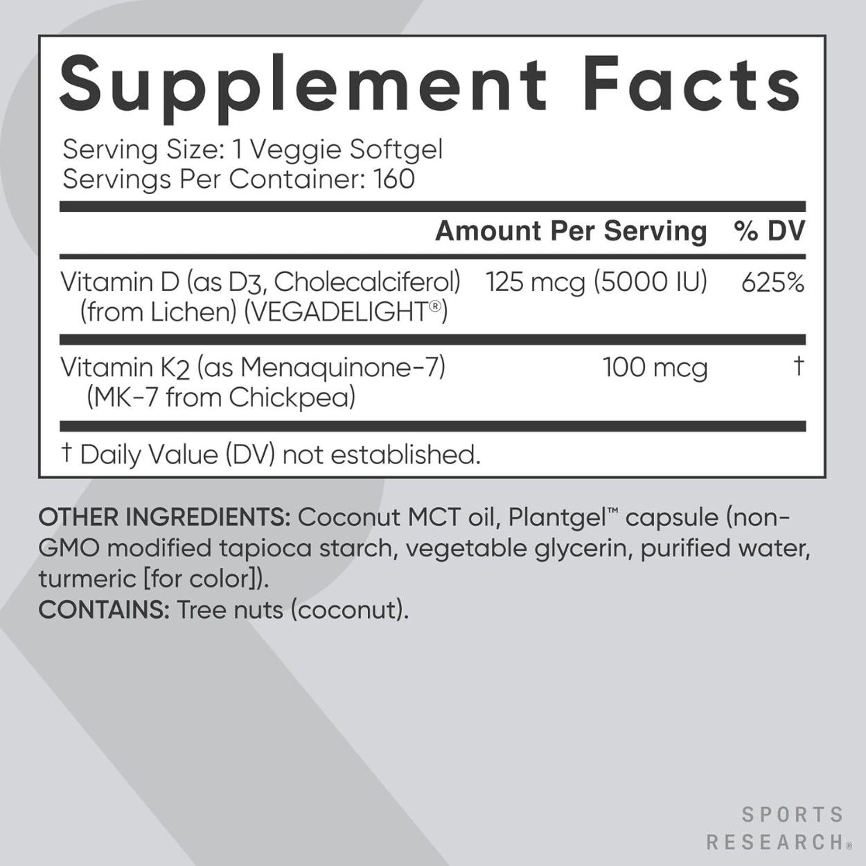 Vitamina D3 y K2 5000 IU Softgels Sports Research