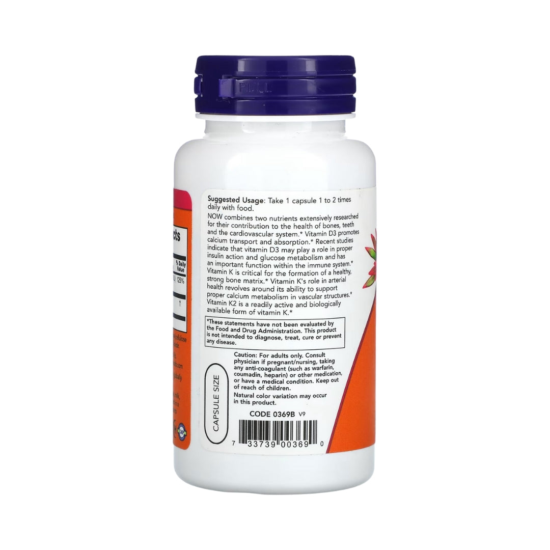 Vitamina D3 y K2 120 Capsulas Now