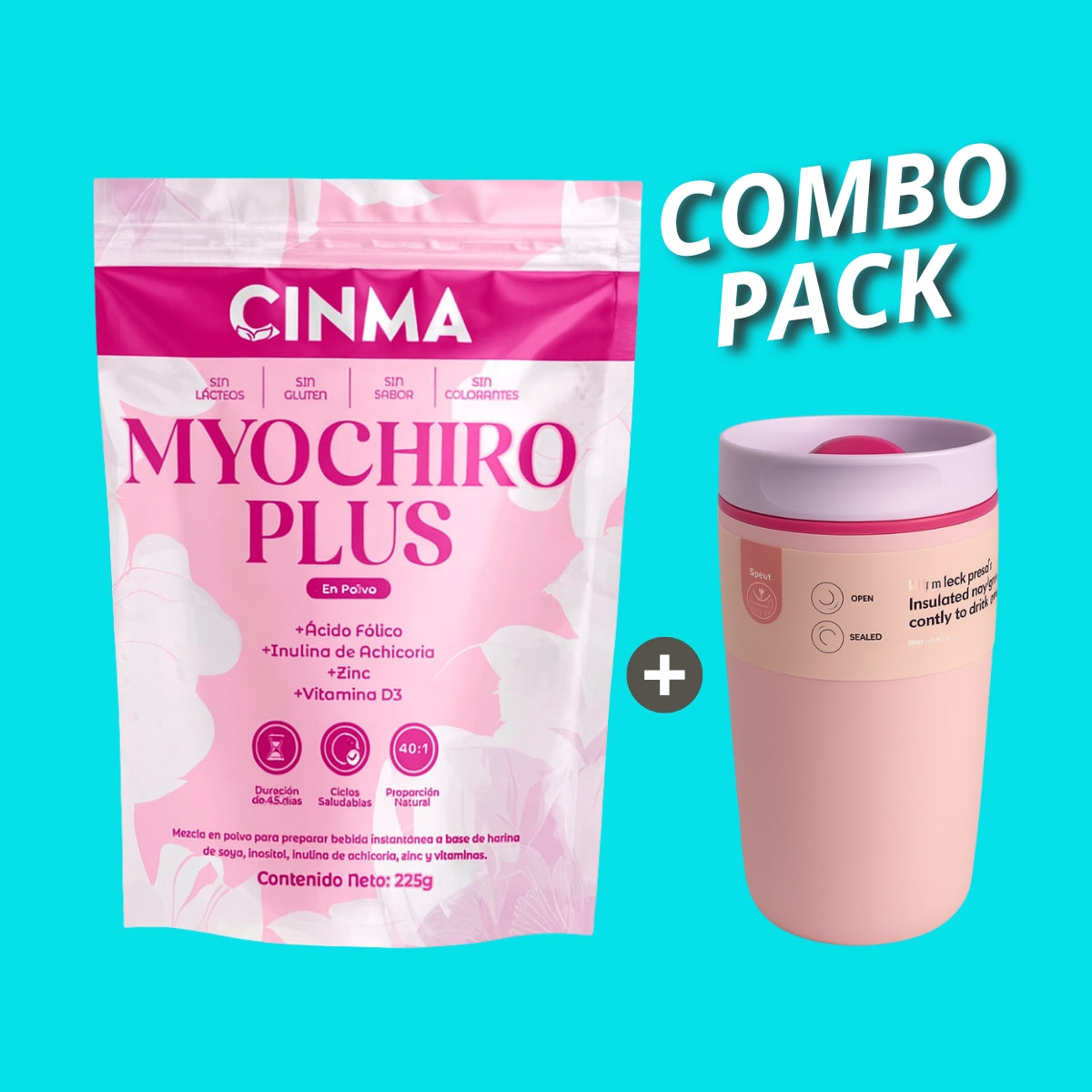 Pack Inositol Myochiro Plus + Taza aislada de acero inoxidable, 1 pieza de 12 oz