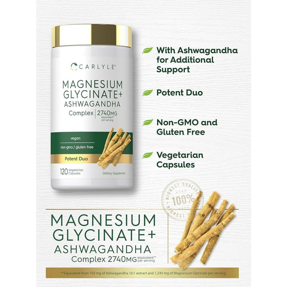 Glicinato de Magnesio Con Ashwagandha Complex 2740 Mg 120 Capsulas Carlyle