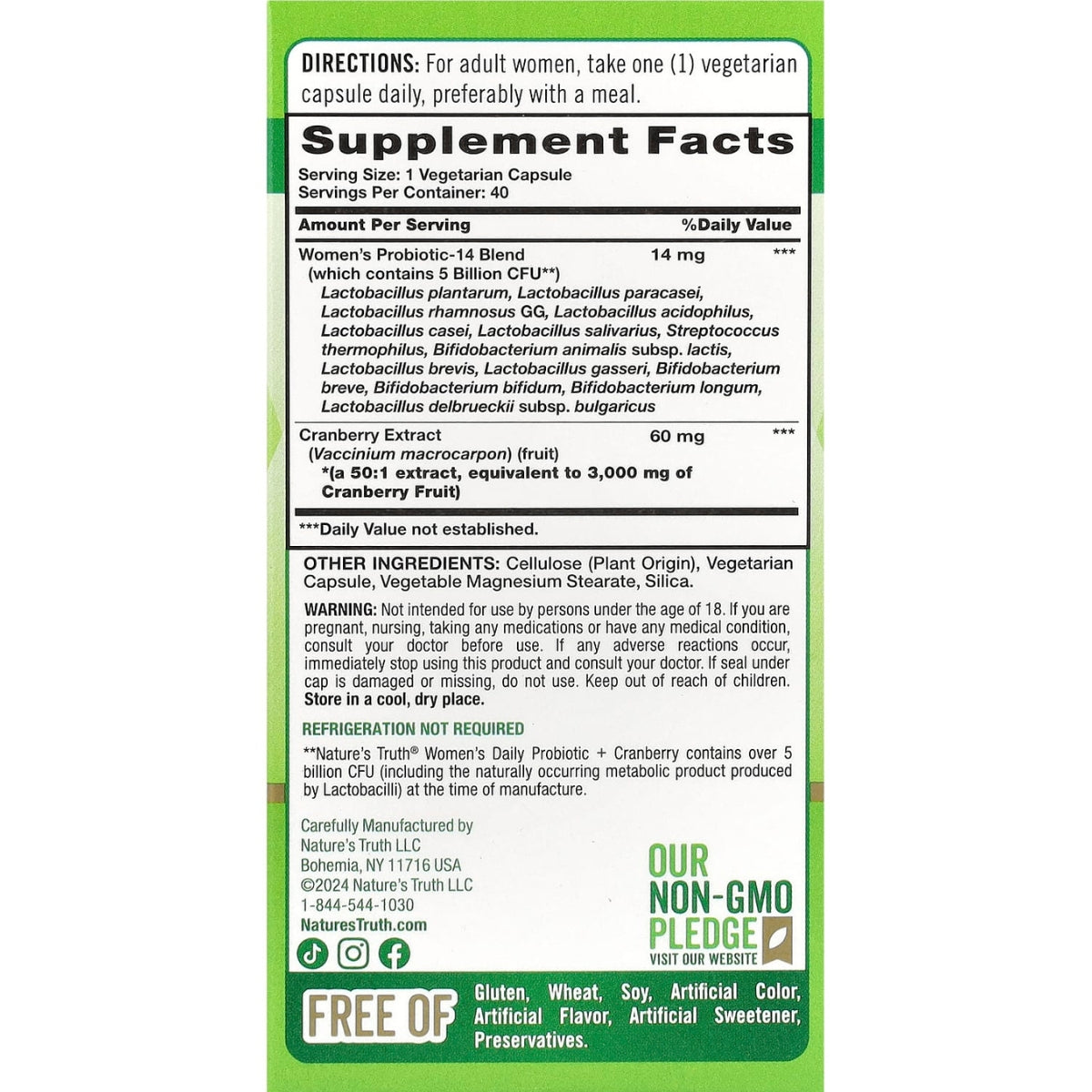 Probiotico 5 Billones CFU 14 Cepas Cranberry Mujer 40 Capsulas Natures Truth