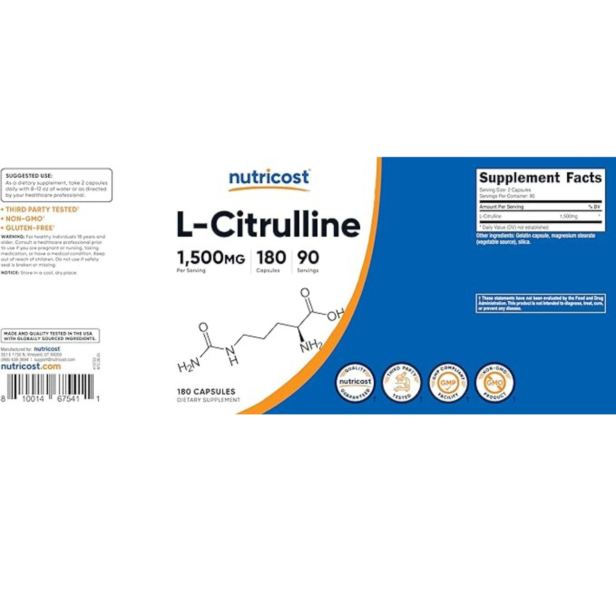 L Citrulline 1500 Mg 180 Capsulas Nutricost