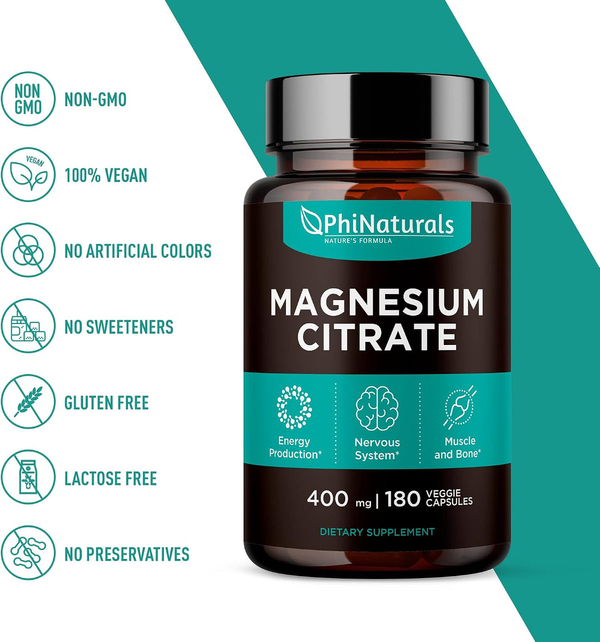 Citrato De Magnesio 400 Mg 180 Capsulas PhiNaturals