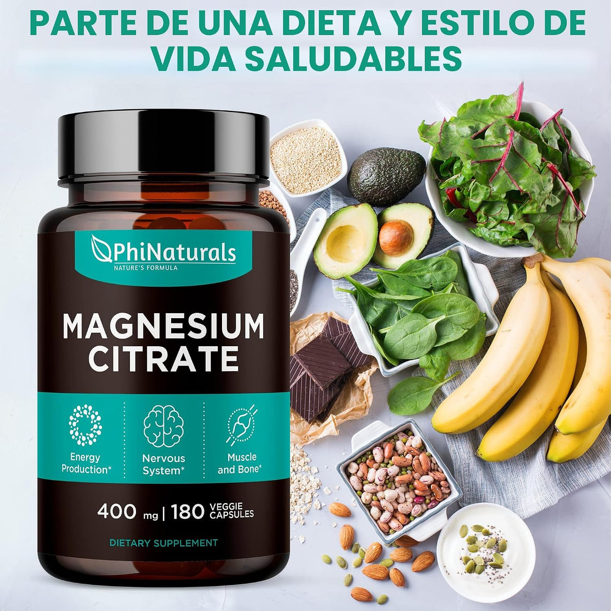 Citrato De Magnesio 400 Mg 180 Capsulas PhiNaturals