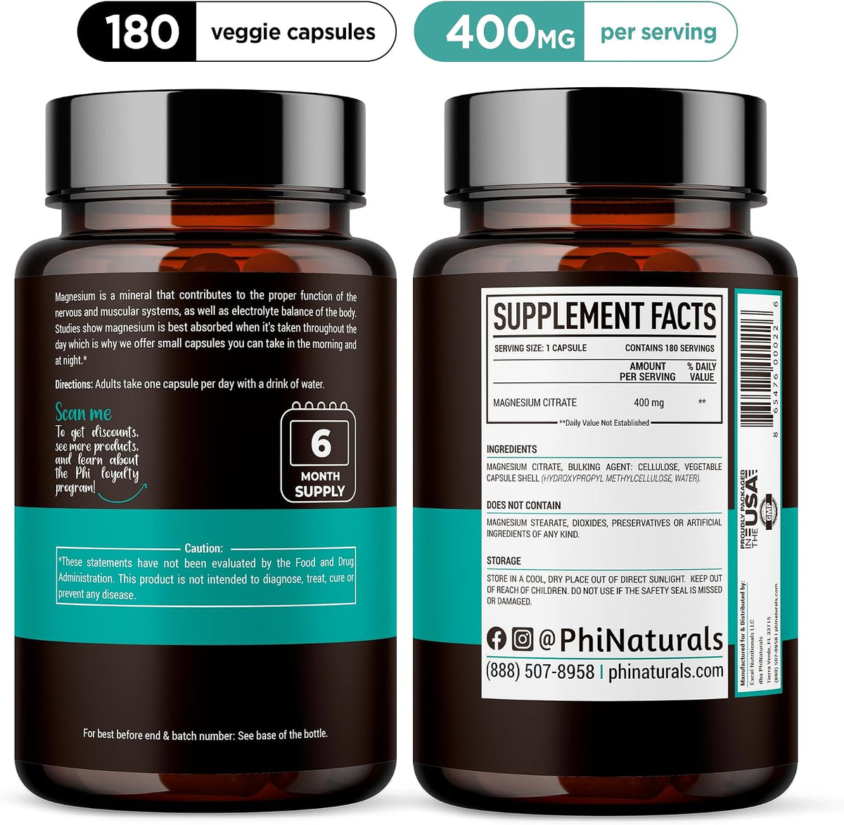 Citrato De Magnesio 400 Mg 180 Capsulas PhiNaturals