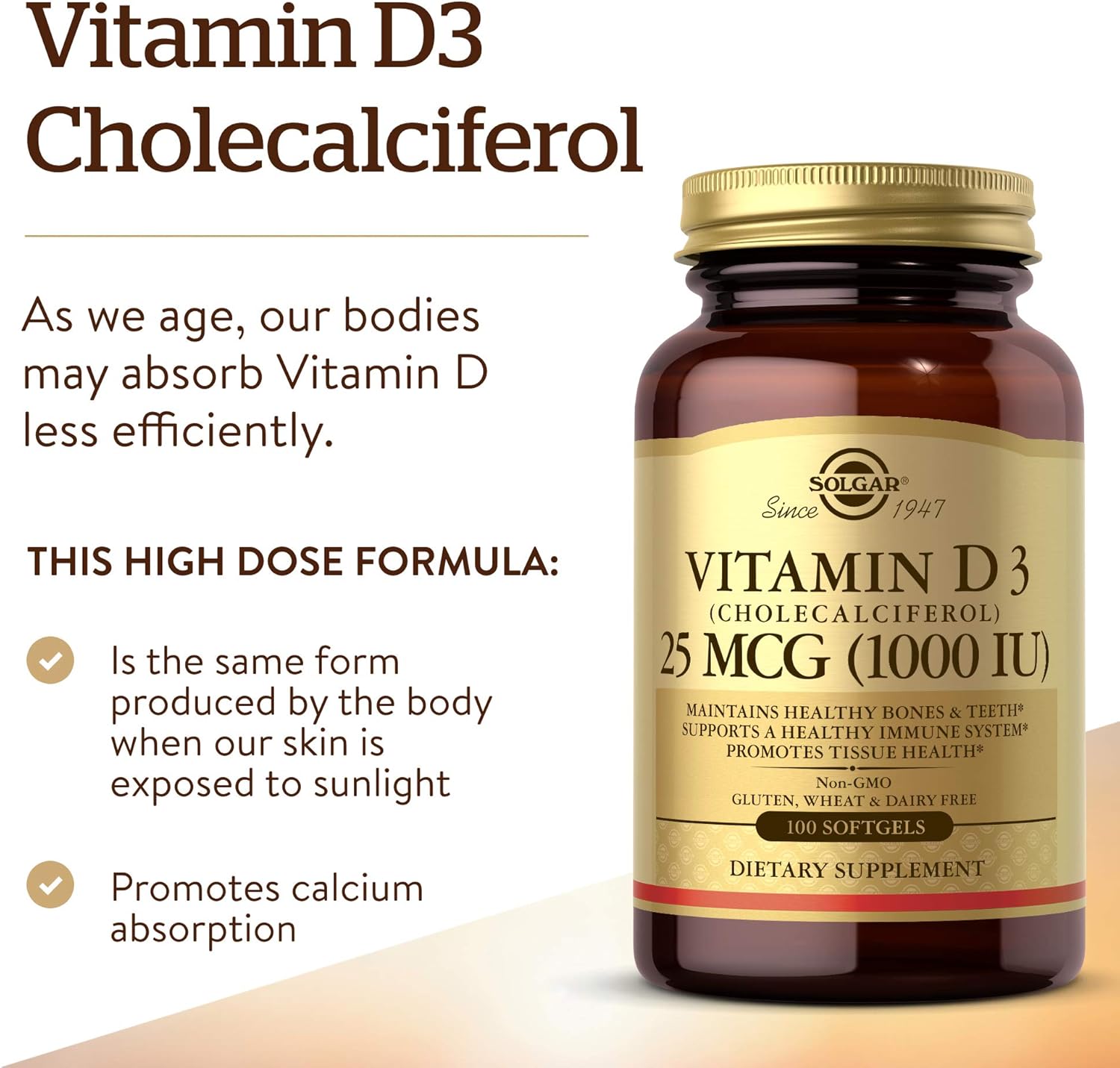 Vitamina D3 25 Mcg 1000 Iu 100 Softgels Solgar