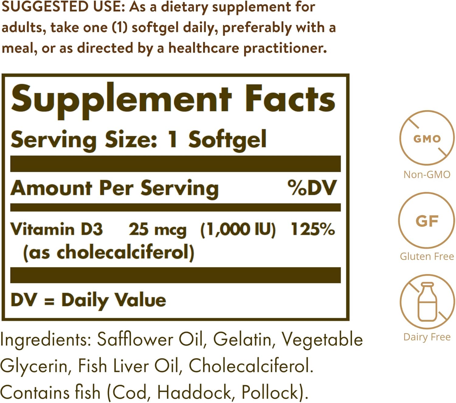 Vitamina D3 25 Mcg 1000 Iu 100 Softgels Solgar