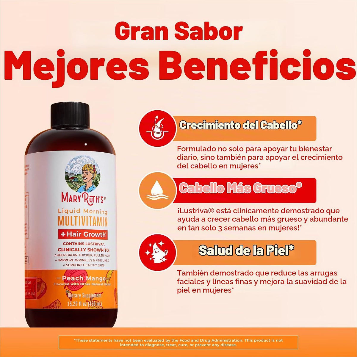 Multivitaminico Liquido Crecimiento Del Cabello Sabor Durazno Mango 450 Ml Mary Ruths