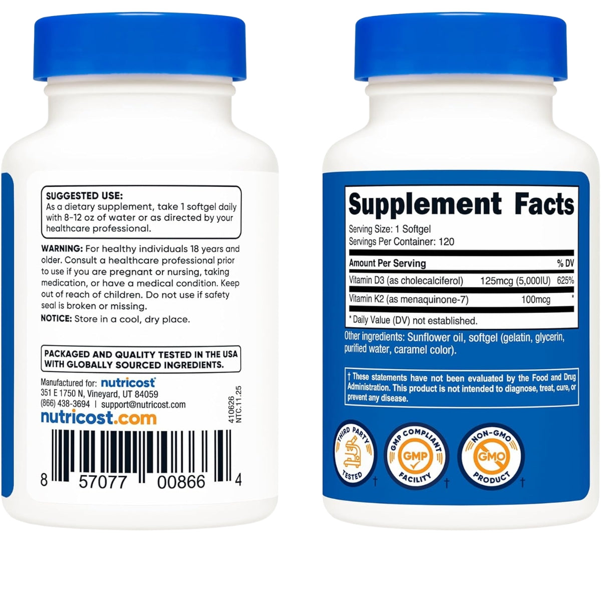 Vitamina K2 y D3 120 Sofgels Nutricost