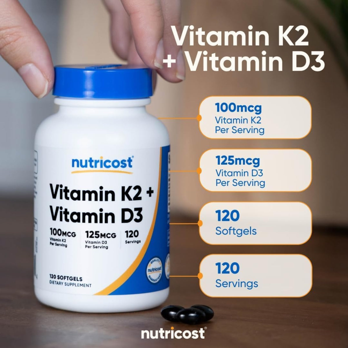 Vitamina K2 y D3 120 Sofgels Nutricost