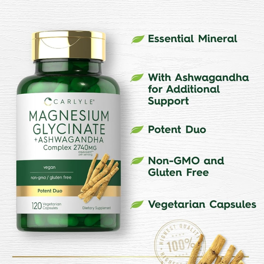 Glicinato de Magnesio Con Ashwagandha Complex 2740 Mg 120 Capsulas Carlyle
