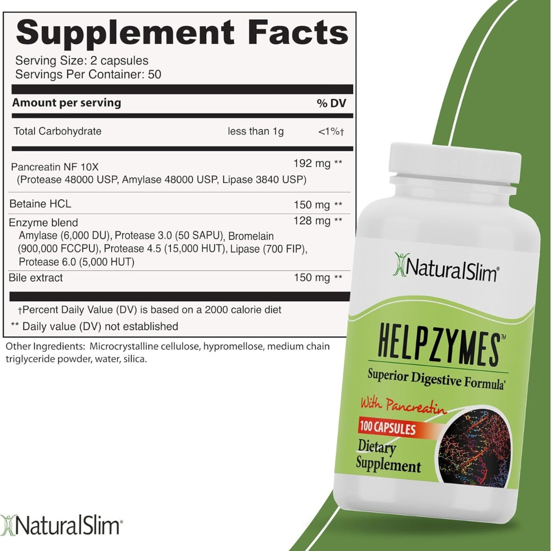 Helpzymes Enzimas Digestivas Con Pancreatina 100 Capsulas Natural Slim