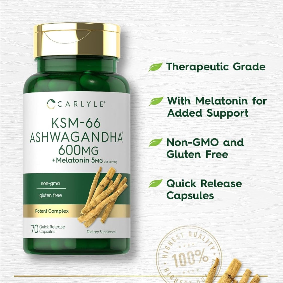 KSM 66 Ashwagandha 600 Mg Con Melatonina 5 Mg 70 Capsulas Carlyle