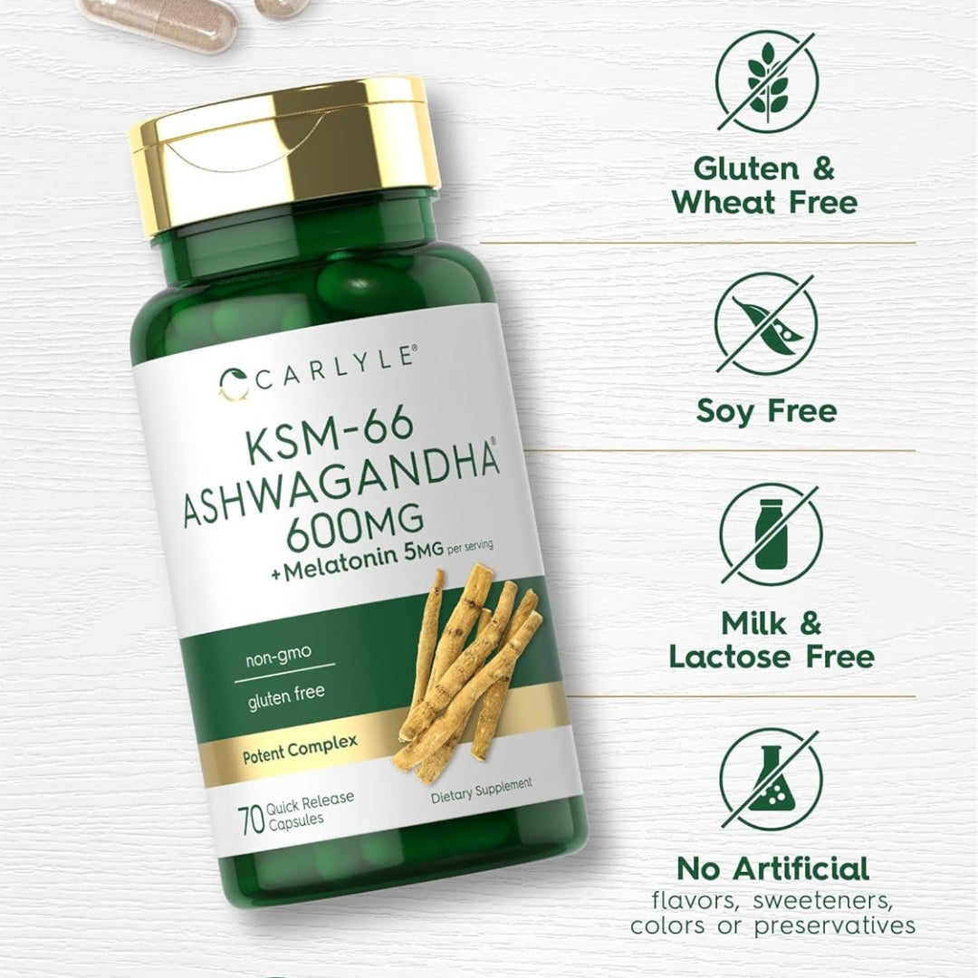 KSM 66 Ashwagandha 600 Mg Con Melatonina 5 Mg 70 Capsulas Carlyle
