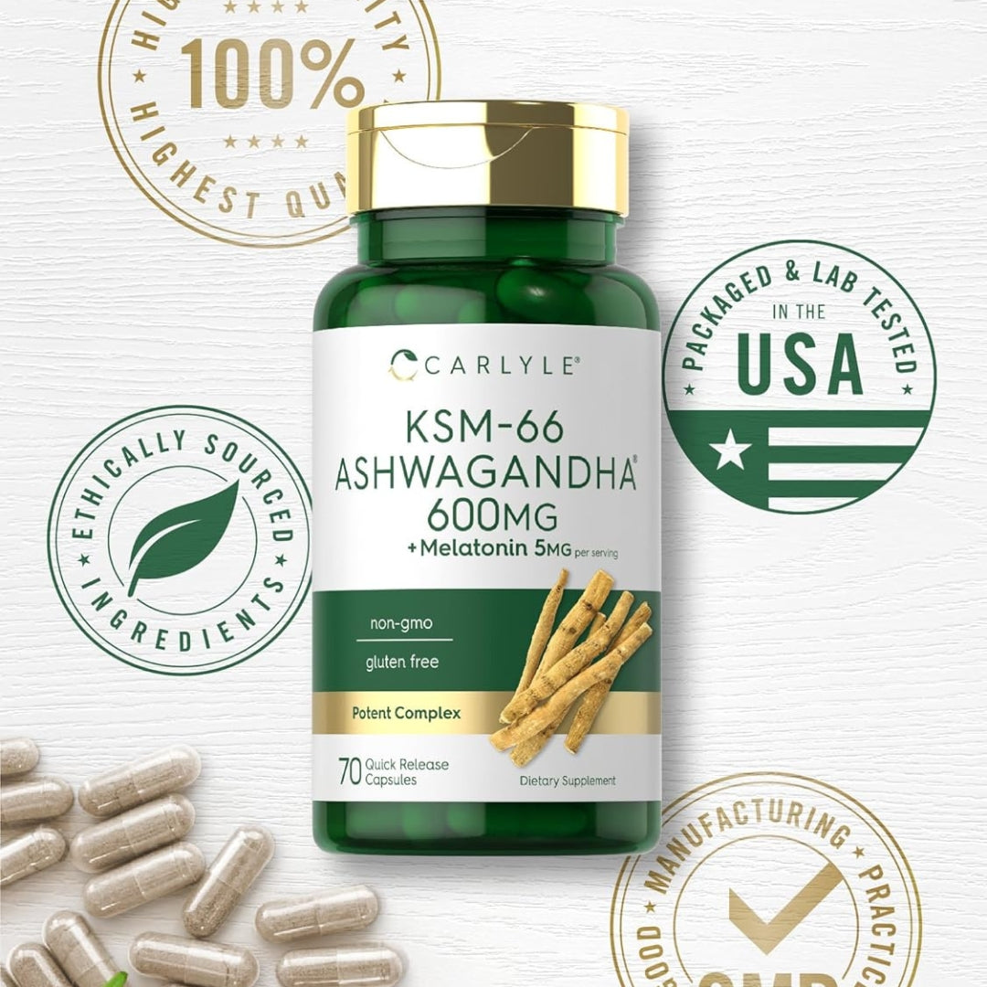 KSM 66 Ashwagandha 600 Mg Con Melatonina 5 Mg 70 Capsulas Carlyle