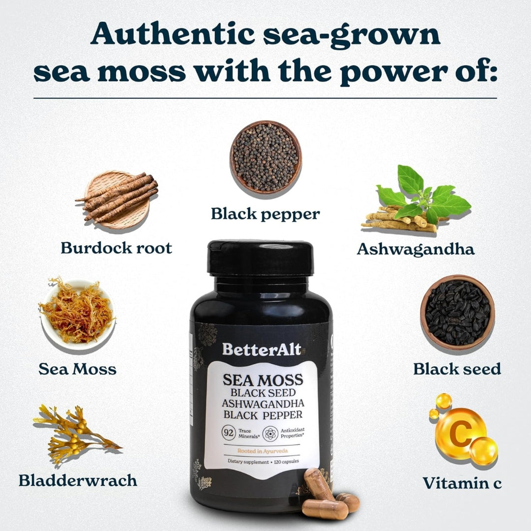 Musgo Marino Irlandés Con Aceite De Semilla Negra Ashwagandha y Pimienta Negra 60 Capsulas BetterAlt