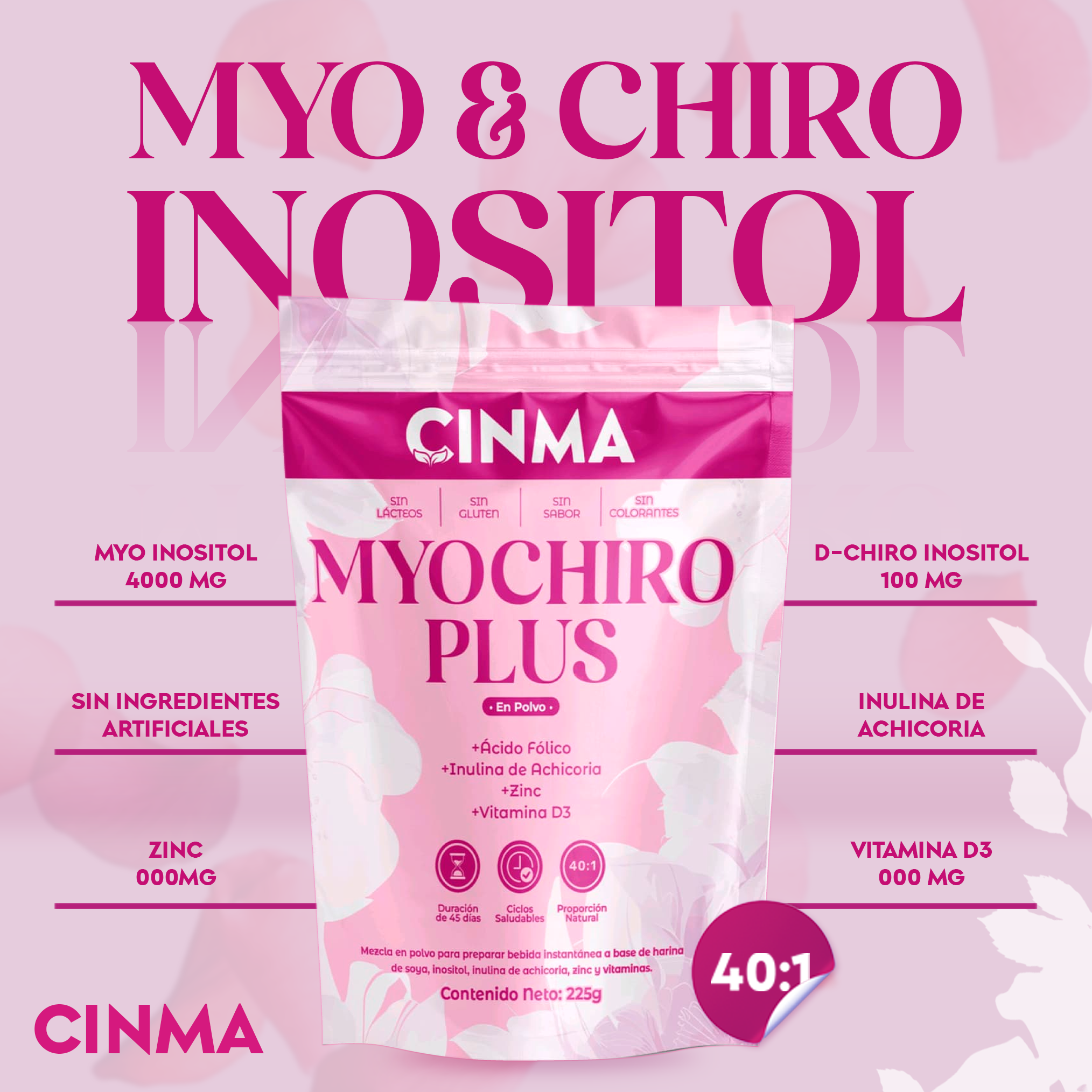 Inositol Myochiro Plus Con Acido Folico + Vitamina D3 + Zinc (225 g c/u)