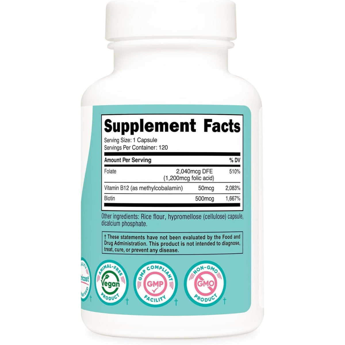 Acido Folico Con Biotina y Vitaminas B12 1200 Mg 120 Capsulas Nutricost Women