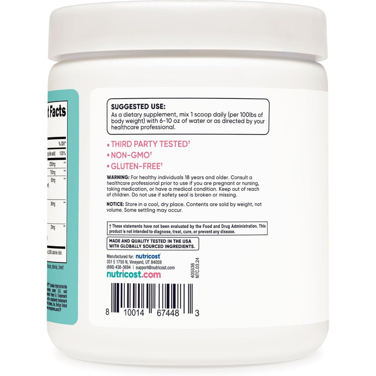 Creatina Monohidratada Con Acido Folico y Diente de Leon 260 Gr Nutricost Women