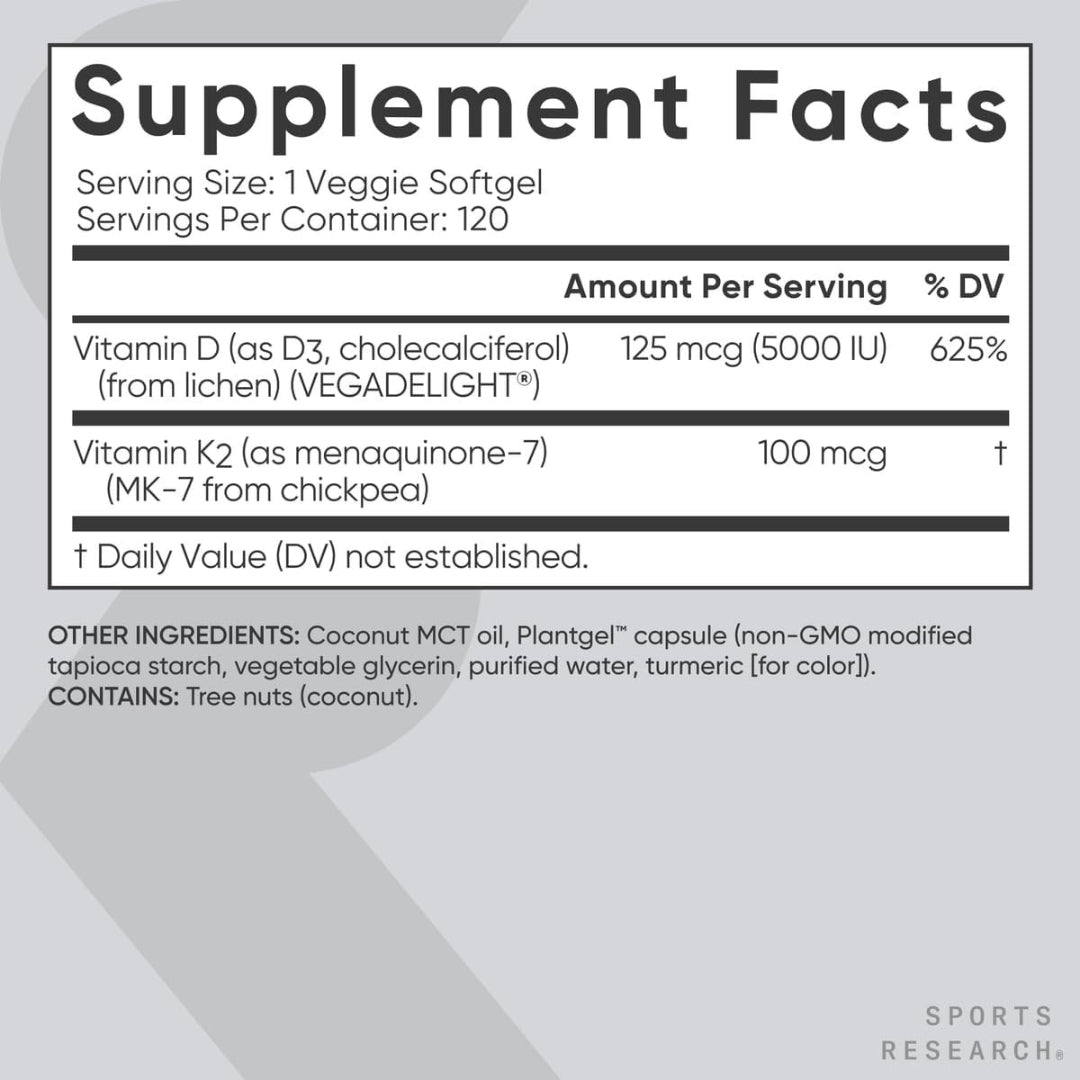 Vitamina D3 y K2 5000 IU 120 Softgels Sports Research