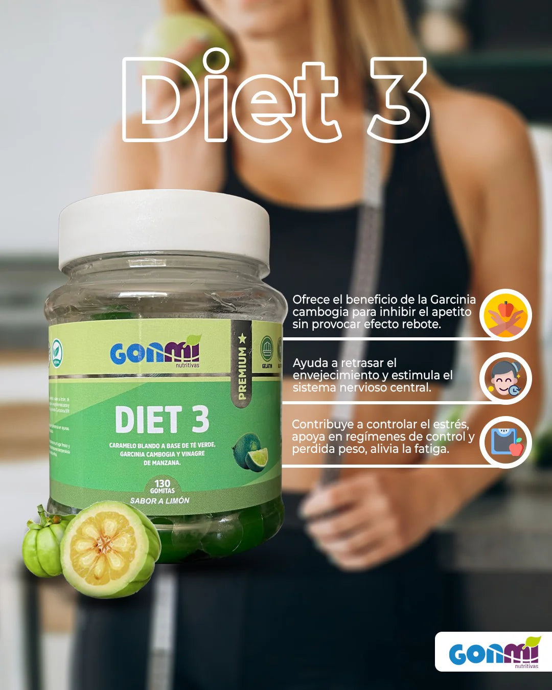Diet 3 Vinagre De Manzana Garcinia Cambogia y Te Verde 130 Gomitas Gonmi