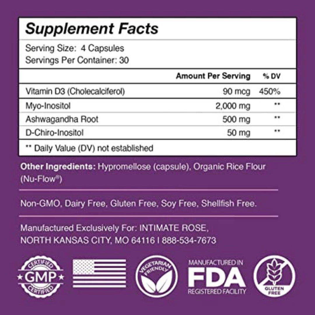 Myo D Chiro Inositol Ashwagandha Y Vit D 120 Capsulas Intimate Rose